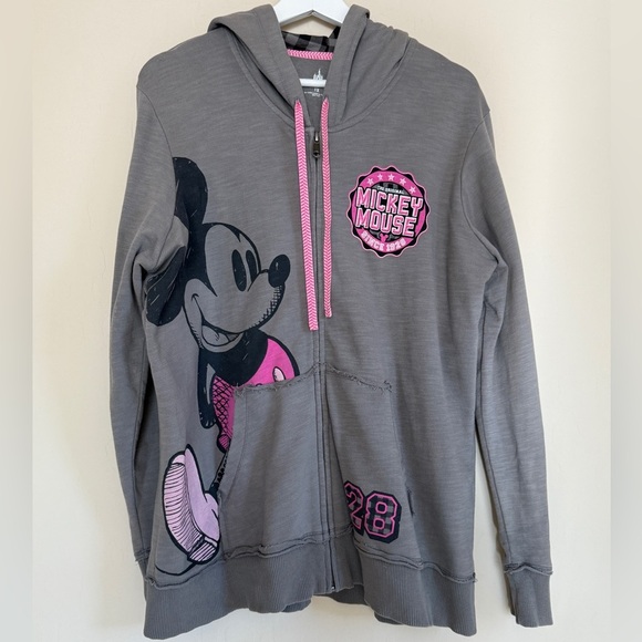 Disney Tops - Disney Parks Mickey Gray Pink Graphic Spellout Zip Hoodie Women’s Plus Size 1X